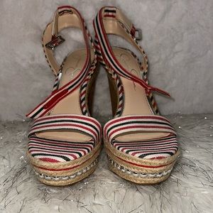 HOT🔥🔥 Jessica Simpson red white & blue cork heel studded wedges 🔥SO HOT🔥